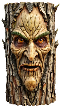 Tree Spirit Carving with Intense Gaze and Textured Bark