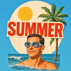 Vibrant Summer Collage Art, Colorful Magazine Cut-Outs of Beach, Sun, Palm Tree & Goggles with Bold SUMMER Text on Cream Circle, Blue Sky Background, Modern Abstract Summer Theme