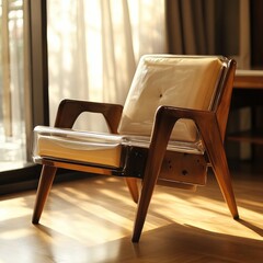 Modern minimalist armchair in bright interior with large window and natural light highlighting design elements and textures