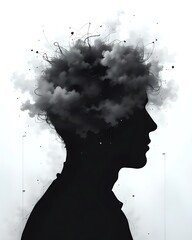 A Head Silhouette Filled with Swirling Fog or Blurry Scribbles, Surrounded by Faint Clouds or Static Lines, Suitable for Mental Fatigue or Confusion Topics