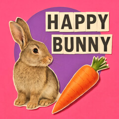 Vibrant Happy Bunny Collage Art, Modern Magazine Cut-Outs of Bunny & Carrot with Playful Text on Orchid Circle, Hot Pink Background, Whimsical Pop Art, Creative DIY Design