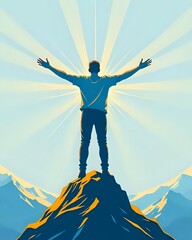 A Person Standing Tall on a Mountain Peak with Open Arms and Light Rays Behind, Clean Vector Lines, Perfect for Personal Growth or Motivation