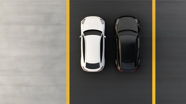 Top view of white and black cars parked parallel on asphalt road with yellow lines
