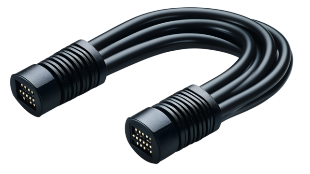 Closeup of a black multipin cable with gold contacts, isolated on transparent background - Powered by Adobe