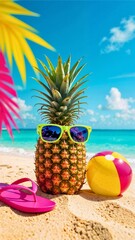 Playful Tropical Beach Scene with Pineapple and Accessories
