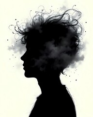 A Head Silhouette Filled with Swirling Fog or Blurry Scribbles, Surrounded by Faint Clouds or Static Lines, Suitable for Mental Fatigue or Confusion Topics