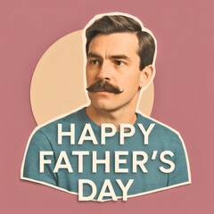 Modern Colorful Collage Artwork with Mustache Man & Happy Fathers Day Text, Creative Father's Day Design, Trendy Portrait Cut-Out, Vibrant Background