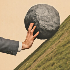 Businessman Pushing Stone Uphill, Symbol of Effort, Struggle, Perseverance, Motivation, Challenge, Success, Determination, Hard Work, Ambition, Resilience