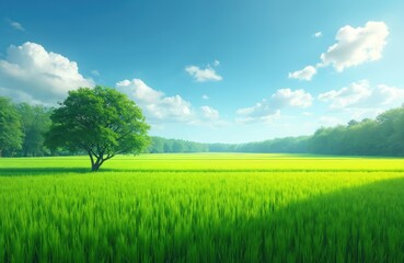 Scenic view of rice fields under a bright blue sky with clouds. Green grass and tree. Agriculture countryside background, natural farming landscape, eco concept.