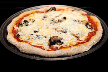 Oven‑baked whole‑wheat pizza with tomato sauce and mushroom toppings. Whole‑wheat tray pizza featuring tomato sauce, mozzarella & mushrooms.