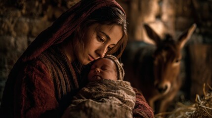 In a rustic stable, the young Mary holds the newborn Jesus, her face a mixture of exhaustion and reverence. Biblical representation of the birth of Jesus Christ.
