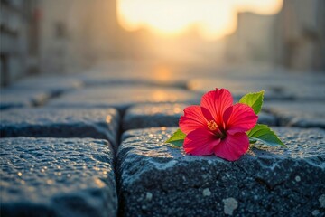 Vibrant Hibiscus Flower on Cobblestone Pathway at Sunset
