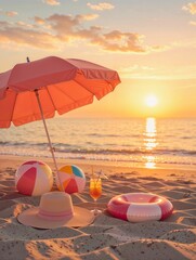 Relaxing Beach Sunset Scene with Umbrella and Accessories
