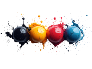 Four vibrant cmyk paint spheres isolated on transparent background, creating a dynamic splash effect