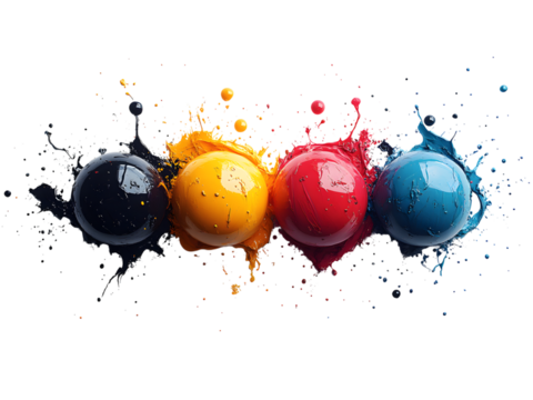 Four vibrant cmyk paint spheres isolated on transparent background, creating a dynamic splash effect