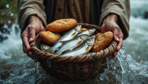 Basket with fish, bread held by human hands above water, biblical story, spiritual food concept. Religious art, Christian faith. Historical scene of miracle, abundance, divine presence.
