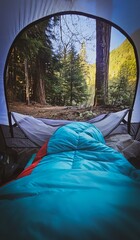 View from inside a tent with a blue sleeping bag looking out at a forest with tall trees and green foliage