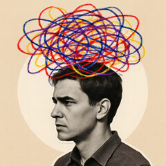 Colorful Cut-Out Collage Art of Anxiety & Mental Health, Chaotic Mind, Tangled Thoughts, Expressive Magazine Style, Emotional Struggle, Artistic Therapy