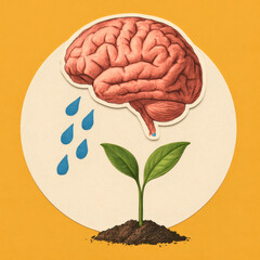 Vibrant Modern Collage Art, Brain Watering Plant, Mental Health & Growth Concept, Colorful Magazine Cut-Out Style, Abstract Creativity