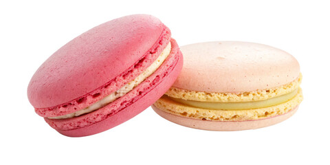 Obraz premium Two Delicious Macarons, Isolated on Transparent Background, Pink and Peach, Pastry, French Dessert, Macarons, Dessert, Food