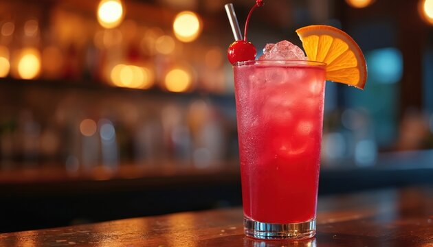 Refreshing Hurricane cocktail in vibrant red, pink hues with ice cubes, orange slice and cherry garnish. Alcoholic beverage in a glass on wooden bar. Perfect for bar promo, drink menu, party.