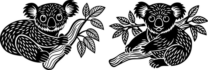 A koala hugging a branch, isolated on a white background