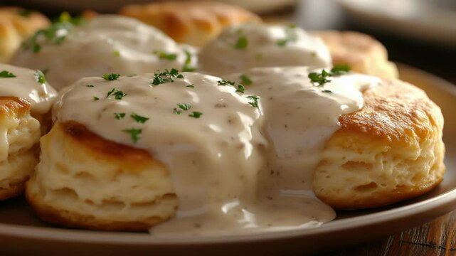 A plate filled with biscuits topped with a rich and savory gravy