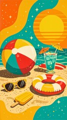 Retro Summer Beach Scene with Colourful Accessories
