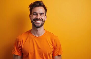 Portrait of a grinning man in his 30s. Happy male model wearing orange t-shirt against soft orange background. Positive mood. Smiling face expression. Casual style outfit. AI generated.