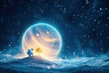 In the vastness of space, an astronaut plants a tree on a rocky asteroid beneath Jupiter's swirling clouds