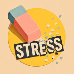 Colorful Modern Collage Artwork, Stress Relief Concept with Eraser Removing STRESS Text, Empowering Mental Health, Anxiety Management Illustration