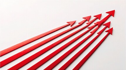 Fototapeta premium Seven Red Arrows Pointing Upward in a Fan Shape on White Background