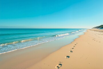 Footprints on Tranquil Beach with Clear Blue Sky

