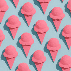 Vibrant Pink Strawberry Ice Cream Cones Pattern, Colorful Modern Collage Art, Isometric Flat Lay, Pastel Blue Background, Summer Minimalism, Playful Contemporary Design