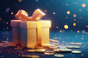 Gift box with extra coins. Reward, casino prize, jackpot. Winner celebration, mystery online offer, trophy, loot, award, gift. Giveaway, lottery, promotion, design, surprise, magic, fortune.