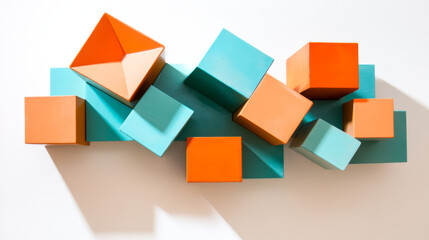 Obraz premium Turquoise and orange geometric cubes with subtle shadows creating a floating 3D illusion, featuring clean lines and vibrant modern design elements.