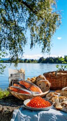 Delight in a serene lakeside picnic featuring mackerel, salmon, halibut, and red caviar under a radiant blue sky