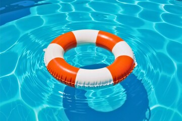 Orange and White Lifebuoy Floating in Pool Water
