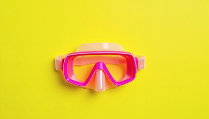 Bright Pink Snorkel Mask on Vibrant Yellow Background, Summer, Beach, Vacation, Travel, Underwater Adventure, Tropical, Fun, Water Sports, Holiday, Diving Gear