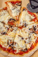 Close‑up shot of cheesy mushroom pizza slice on wooden board. whole wheat pizza dough.