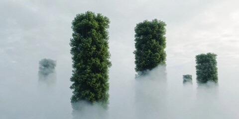 Enigmatic Green Pillars Rising from a Mystical and MistFilled Landscape Environment