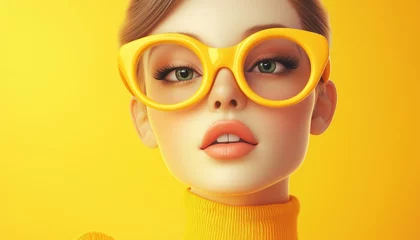 Stylish Young Woman In A Yellow Studio: Fashionable, Trendy, Beautiful, And Wearing Glasses - Life Of An Attractive Girl © Ivan