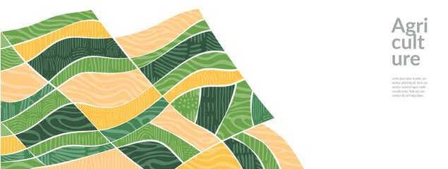 Field and farm landscape pattern with agriculture texture, rice and vineyard on eco farmland. Vintage background with paddy, wheat, organic tea, vegetable crops, green hills and forest design
