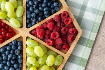 Top view of fresh raspberries, blueberries, red currants and green grapes arranged in wooden tray. Concept of healthy eating, organic fruit variety, summer vitamins and natural nutrition.