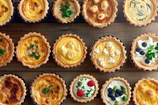 Colorful quiches resting elegantly on a rustic wooden table invite a culinary adventure in a cozy café setting