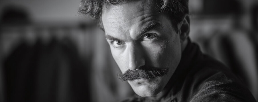 Intense black and white portrait of a man with a handlebar mustache, conveying a sense of mystery, determination, and vintage charm. Ideal for historical fiction, character studies. - Powered by Adobe