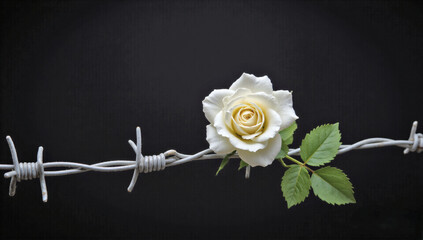 White Rose on Barbed Wire, Elegance Meets Resilience, Symbol of Hope, Strength & Beauty, High-Contrast Fine Art Photography, Luxury Aesthetic, Dramatic Floral Still Life