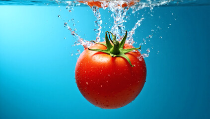 Fresh Ripe Tomato Splash, High-Speed Photography, Vibrant Food Imagery, Culinary Art, Premium , Dynamic Water Droplets, Marketing Visuals