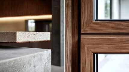 Close-up shots of clean architectural details like smooth concrete walls, precise wood joinery, and thin, elegant frames. 