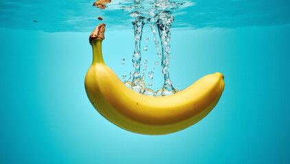 Premium Fresh Banana Splash, Vibrant Healthy Food Photography, High-Speed Water Droplets, Bright Blue Background, Organic Fruit Advertising, Stock Image